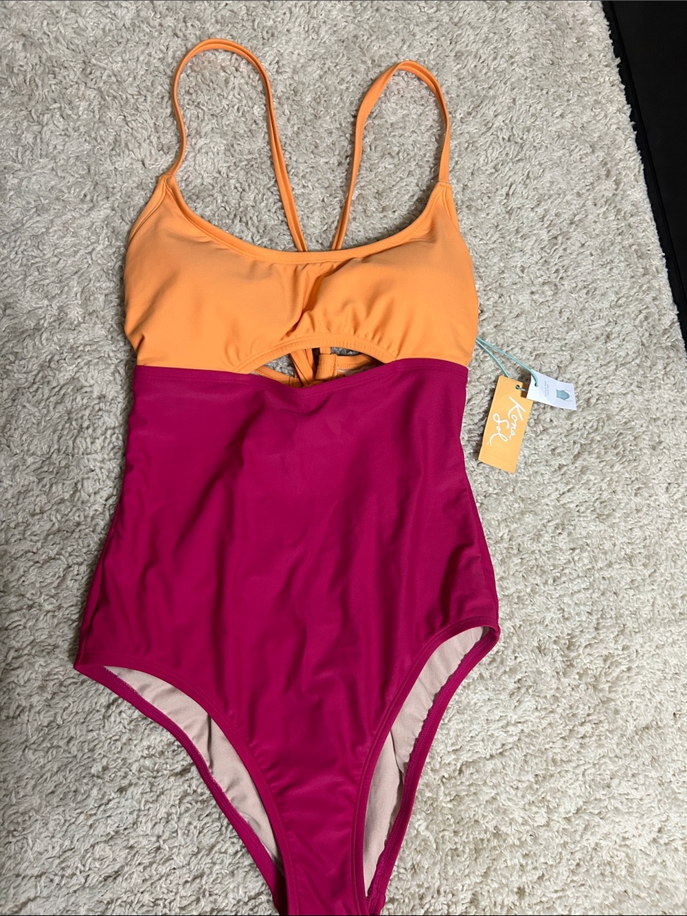 Kona Sol Colorblock Orange & Fuchsia One-Piece Swimsuit medium